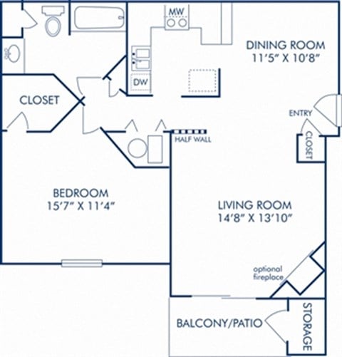 Floor plan for 1 bed, 1 bath, 758 sqft